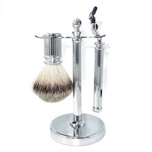 WG-Juego de Herramientas de barbero para hombre, maquinilla de afeitar con diseño de 3 hojas y soporte para afeitado de pelo de tejón puro Silvertip 2024 - compra barato