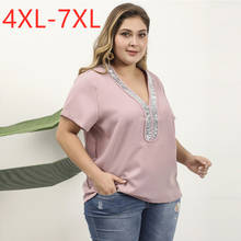 Camisa feminina plus size para o verão, blusa feminina manga curta casual folgada com lantejoulas e gola v rosa 4xl 5xl 6xl 7xl 2024 - compre barato