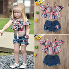 Fashion 4th Of July Toddler Kids Girls Clothes Set Strap Tops+Denim Shorts 2Pcs Infant Girls Flag Outfits Set 2024 - buy cheap