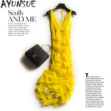 Ayu-Vestido largo de seda auténtica para mujer, vestido playero amarillo con cuello de pico, elegante, para fiesta, 2021, KJ7117 2024 - compra barato