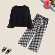 Conjunto de roupas moda bebê feminina, camisetas de manga longa + calças xadrez de pernas largas, 2 peças, roupas casuais para crianças, roupas de meninas 2024 - compre barato