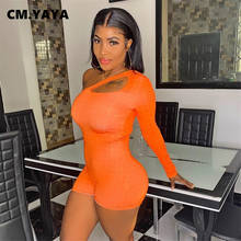 CM.YAYA Women Playsuits Solid One-shoulder Full Sleeve Hollow Out Skinny Elastic Short Playsuit Sexy Summer Outfits New Fashion 2024 - buy cheap