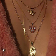 Qcooljly mulheres colares anjo coração rosa cristal pingente clavícula corrente multicamadas colar de ouro conjunto jóias de noivado presente 2024 - compre barato