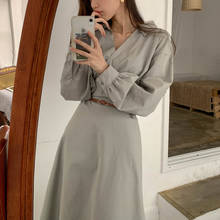 Snordic Women Autumn Full Sleeve Sexy V Neck Casual Long Shirt Dress Leather Sashes High Waist Midi Dresses 2024 - buy cheap