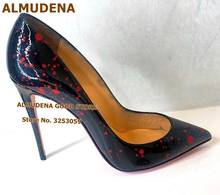 ALMUDENA Black Red Colorized Mirror Leather High Heels Printed Pointy Toe Dress Shoes Stiletto Heels Banquet Pumps 12cm 10cm 8cm 2024 - buy cheap