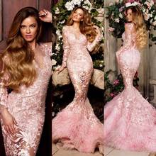 Luxury Pink Evening Dresses Feather Long Sleeve Appliques Lace Mermaid Prom Dress 2020 Arabic Formal Party Gowns Robes De Soirée 2024 - buy cheap