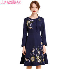 LUKAXSIKAX 2020 New Spring Autumn Women Long Sleeve Dress High Quality Flowers Embroidery Runway Dress Elegant Slim Party Dress 2024 - buy cheap