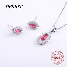 Pekurr 925 prata esterlina colorido cristal oval flor brincos conjuntos de colar para mulher seixo pingentes conjuntos de jóias 2024 - compre barato