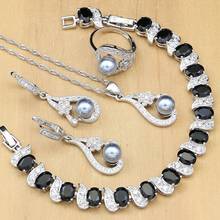 Flor de prata 925 conjuntos de jóias de noiva pérolas pretas para mulheres brincos de gota de casamento com colar de pedra anel preto cz pulseira 2024 - compre barato