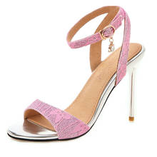 Sapatos de salto alto feminino, sandálias stiletto com tira de tornozelo renda, verão, rosa, azul, branco, plus size, 44, 45, 46 2024 - compre barato