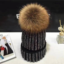 Removable Winter Warm Fur Pom pom Knitted Hats Women Handmade Striped Rhinestone Bones Skullies Beanie With 15cm Fur Ball 2024 - buy cheap