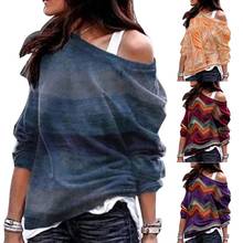 Сексуальный женский пуловер с геометрическим принтом, с открытыми плечами, с длинным рукавом, женская уличная одежда, топ, подарок, футболка для женщин 2024 - купить недорого