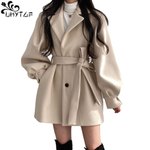 Свободная шерстяная куртка UHYTGF с поясом, женское базовое пальто с длинным рукавом и боковым карманом, женская верхняя одежда, однобортное шикарное пальто, 955 2024 - купить недорого