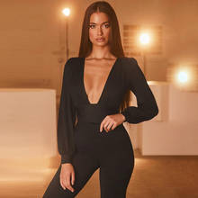 Black Deep V Neck Bodysuit Women Sexy Puff Sleeve Bodycon Solid Elastic Casual Party Winter Bodysuits Body Tops боди женское 2024 - buy cheap