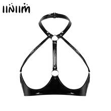 Womens Femme Sissy Latex Crop Tops Black Open Cup Harness Tops Patent Leather Backless Wire-free Unlined Lingerie Exotic Bra Top 2024 - buy cheap