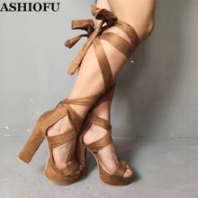 ASHIOFU Real Photos Women Chunky Heel Sandals Cross Lace-up Sexy Summer Shoes Platform Club Evening Leg-wrap Fashion Sandals 2024 - buy cheap