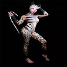 T47 Halloween cosplay Leopard jumpsuit stage dance costume printed tights dj sexy leotard tail disco outfit clothes party wears 2024 - buy cheap