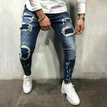 Jeans masculino desgastado com buracos, slim fit, moda urbana, hip-hop desgastado, moto, calça jeans 2024 - compre barato