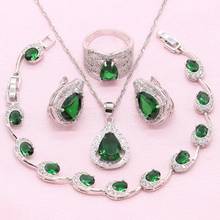 925 Silver  Jewelry Sets For Women Birthday Green Crystal Exquisite Ear Clip Earring Bracelet Pendant Necklace Ring Wedding Gift 2024 - buy cheap