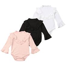 Body para meninas bebês crianças 0-18m, outono 2020, gola babada, manga longa, cor sólida, preto/branco/rosa 2024 - compre barato