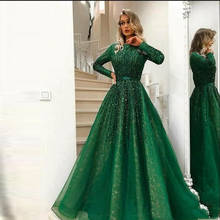 Gorgeous Green Shiny Beaded Evening Dress 2021 Long Sleeves Abiye Vintage Crystal Lace Prom Gowns Vestido Longo Abendkleider 2024 - buy cheap