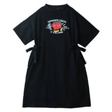 Vestido feminino solto de algodão para verão, design casual, manga curta, preto, estampado com desenho animado, gola redonda, slim 2024 - compre barato