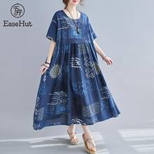 EaseHut Vintage Women Cotton Linen Dress Print O Neck Short Sleeve Pocket Loose Casual Sundress Maxi Dress Summer Loose Dress 2024 - buy cheap