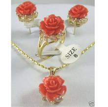 Pendientes colgantes de flores de coralino Rosa tibetano, conjunto de anillo, joyería para novia 2024 - compra barato