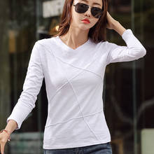Moda feminina camiseta de manga comprida 2021 casual feminino algodão t camisa das senhoras sólidos topos preto azul t camisa feminina 3xl 2024 - compre barato