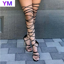 Summer Spring Over The Knee Lace Up Sandals Women Hollow Cross-Tied Shoes Fashion Cozy Leather Peep Toe Ladies Thin Heels Pumps 2024 - buy cheap