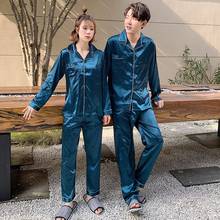 Pijamas de satén de seda para parejas, ropa de dormir de manga larga, traje de dormir para mujer y hombre, 2 piezas 2024 - compra barato