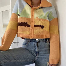 Suéter feminino de malha estampada, casaco harajuku com gola v para outono e inverno 2024 - compre barato