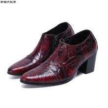 Sapatos masculinos de salto alto de couro genuíno, calçados oxford vermelhos com zíper para festa de casamento e escritório 2024 - compre barato