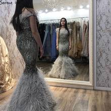 Serene Hill Dubai Grey Sexy Mermaid Evening Dress Design Luxury Crystal Feathers Sleeveless Formal Party Gown 2020 CLA70242 2024 - buy cheap