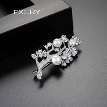 FXLRY Romantic New Arrive Fashion Women White Color AAA Cubic Zircon Pearl Tree Leaves Brooches Sweater Coat Accessories 2024 - buy cheap