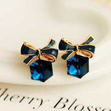 Bowknot Earrings Cube Blue Crystal Stud Earrings For Women Brincos Earing Prevent Allergy Earring Oorbellen Exquisite Jewelry 2024 - buy cheap