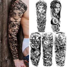 Manga de tatuaje temporal de León 3D para hombres y mujeres, brújula para adultos, tatuajes de flores falsas, pegatina, negro, Guerrero, rosa, suministros para el brazo 2024 - compra barato