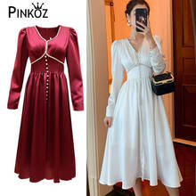 Pinkoz-vestido midi feminino elegante, modelo primavera/outono, cristais de cetim, botões reguláveis, vermelho e branco 2024 - compre barato