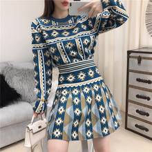 Women Autumn Winter Geometric Jacquard Knitted Long Sleeve Pullover Sweater Suit+Mini A-Line Skirt Set Ladies 2PCS Clothing Set 2024 - buy cheap