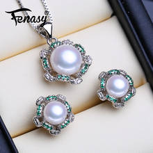 FENASY 925 Sterling Silver Jewelry Sets Natural Pearl Stud Earrings Custom Bohemian Emerald Pendant Chain Necklace For Women 2024 - buy cheap