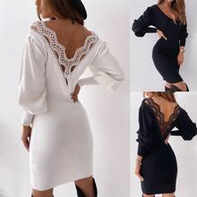 Sexy Backless Hollow Out Lace Women Dress Autumn Fashion Casual Bodycon Dress Long Sleeve V-neck Solid Color Package Hip Dress 2024 - buy cheap