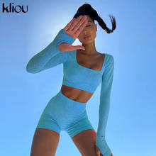 Kliou cotton solid two piece set women low-neck long sleeve strecthy crop top+biker shorts matching set sporty fitness tracksuit 2024 - buy cheap