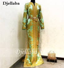 Elegant Evening Dress Gold Lace Appliques Moroccan Caftan Long Sleeve Satin Prom Gowns Arabic Abaya robe de soiree Dubai 2024 - buy cheap