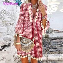 Women Vintage Print V Neck Tassel Mini Dress Casual Loose Three Quarter Sleeve Beach Dress 2021 Spring Summer Party Dress Femme 2024 - buy cheap