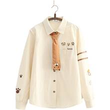 Women Blouse And Top Cartoon Bear Embroidery Tie Shirt 2021 Autumn Long Sleeve Turndown Collar Korean Ladies Basic Sweet Blouses 2024 - buy cheap