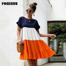 FORERUN Casusal Dress Women Ruffle Hem Patchwork Mini A Line Dresses Summer Loose O Neck Short Sleeve Vestidos De Verano 2024 - buy cheap