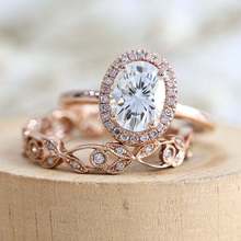 Conjunto de anillos de boda de oro rosa, joyería de compromiso de boda de circonita ovalada, anillos de cristal de hoja, regalo de aniversario, joyería fina 2024 - compra barato