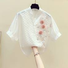 Lace Flower Embroidery Women Shrits 2021 Summer New V-Neck Short-Sleeved Loose Office Lady Elegant Outwear Coat Tops 2024 - buy cheap