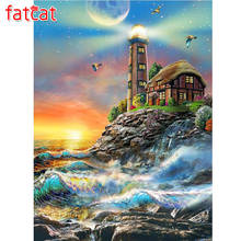 FATCAT 5d diy Diamond Painting Lighthouse at night Diamond Embroidery landscape Full Square Round Mosaic stickers decor AE563 2024 - buy cheap