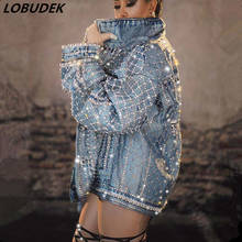 Blue Rhinestone Denim Jacket Sexy Fashion Loose Coat Male Female Dancer DJ Singer Stage Wear Nightclub Hip Hop Rap Dance Costume 2024 - buy cheap